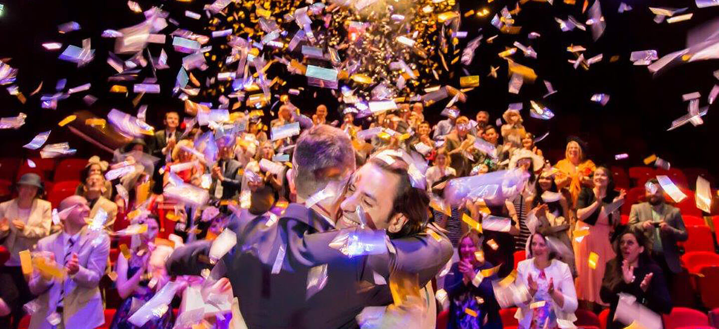 Confetti Falls At Gay Wedding Held At Rep Theatre Wedding Venue Birmingham Unique Wedding Venue Via The Gay Wedding Guide