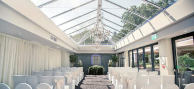 3 Glass Ceiling With Chandelier At Wickwoods Country House And Spa West Sussex Wedding Venue Gay Wedding Guide 1 380X174