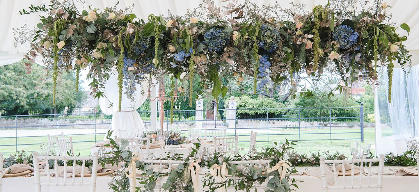 Suspended floral centrepiece at Norton Grounds barn wedding venue Glouchestershire gay wedding guide 1