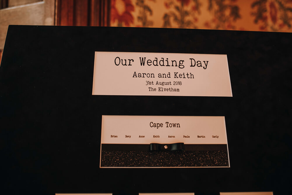 1 Aaron and Keiths table plan at their gay wedding Hampshire at The Elvetham photographer DM Photography 1 5