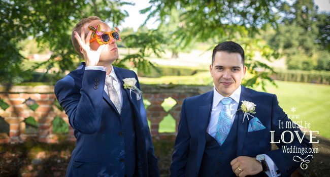 15 Grooms in comical glasses at Neil and Rumens wedding image by It Must Be Love Weddings Photographer Hampshire via Real Gay Wedding on the Gay Wedding Guide 3 5