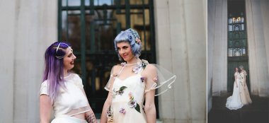 2 Two Brides Outside The Temple Of Peace Cardiff Wedding Venue Gay Wedding Guide 9 380X174