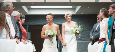 4 Lesbian Brides Walk Down The Aisle At Wickwoods Country House And Spa West Sussex Wedding Venue Gay Wedding Guide 9 380X174