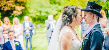 4 Lesbian Brides With Heads Together At Lesbian Wedding Image By Gay Wedding Photographer Grw Photography 6 380X174