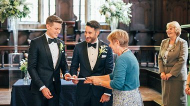 Aaron And Phil With Marriage Certificate At Their Gay Wedding At The Bodelian Oxford Images Copyright Stu Heppell Via The Gay Wedding Guide 3 5 380X212