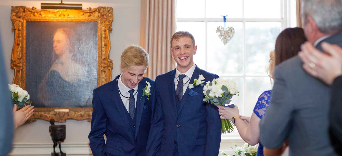 Alan and James walk down aisle at their gay wedding black and white photo copyright Mirror Imaging Photography via the Gay Wedding Guide 3 5