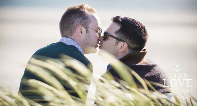 Beach kiss Neil and Rumen gay engagement shoot by It Must Be Love Weddings Photographer Hampshire via the Gay Wedding Guide 3 4