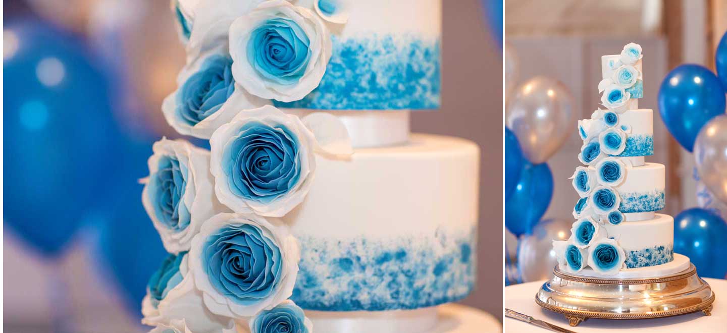 Blue adn White Rose hand painted wedding cake at gay wedding image copyright Mirror Imaging Photography via the Gay Wedding Guide 3 5