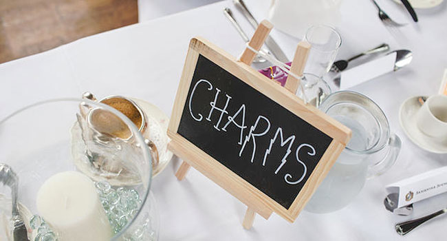 Charms Table sign at Harry Potter theme wedding shot by Ragdoll Photography via The Gay Wedding Guide 3 5