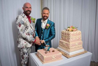 Chris And Tony Cut Their Cake At Their Real Gay Wedding At The Grand Via The Gay Wedding Guide 1 5 344X230