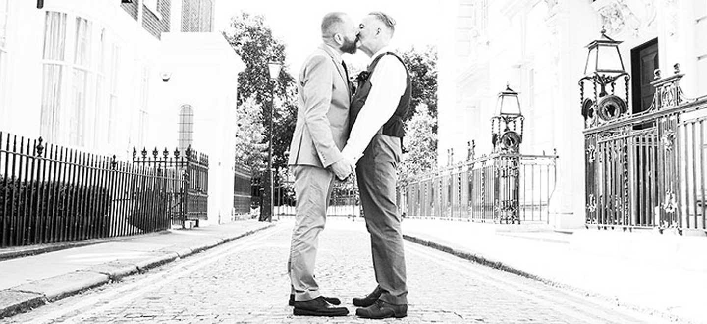 Colin and John same sex wedding kiss St Jamess Park copyrightJennifer Langridge 6