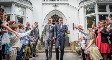 Confetti Thrown Over Gay Grooms At Manchester Gay Wedding Image By James Tracey Photography A Gay Wedding Photographer In Manchester Via The Gay Wedding Guide 3 5 380X204