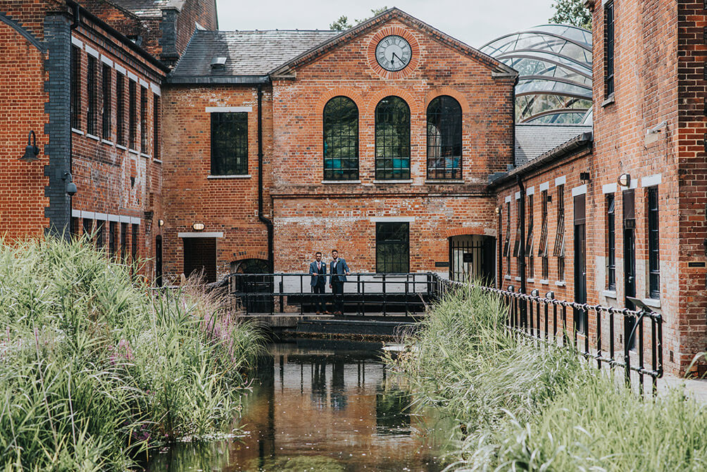 Couple shot at Lee and Simon Gay wedding at Bombay Sapphire Distillery Gay Wedding Guide image by This and That Photography 1 5