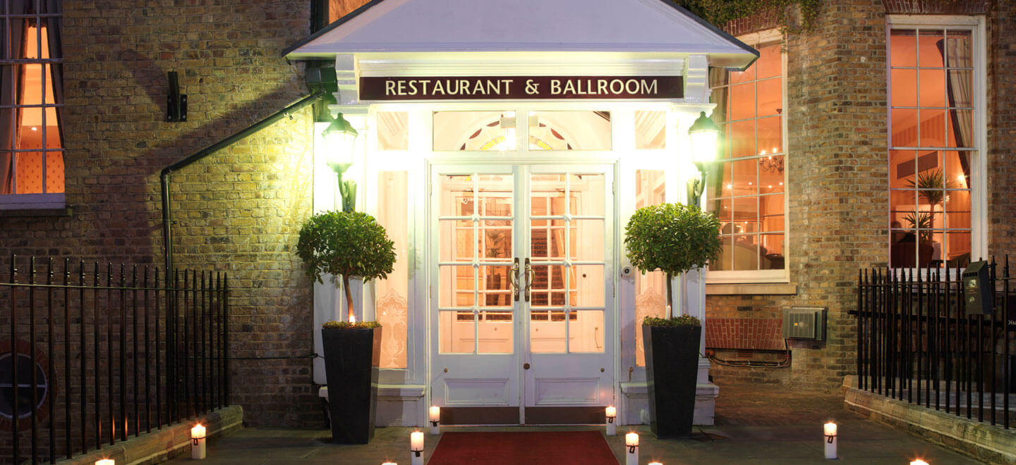 Entrance to the Ballroom by night at Richmond Hill Hotel Surrey Wedding Venue Gay Wedding Guide 9