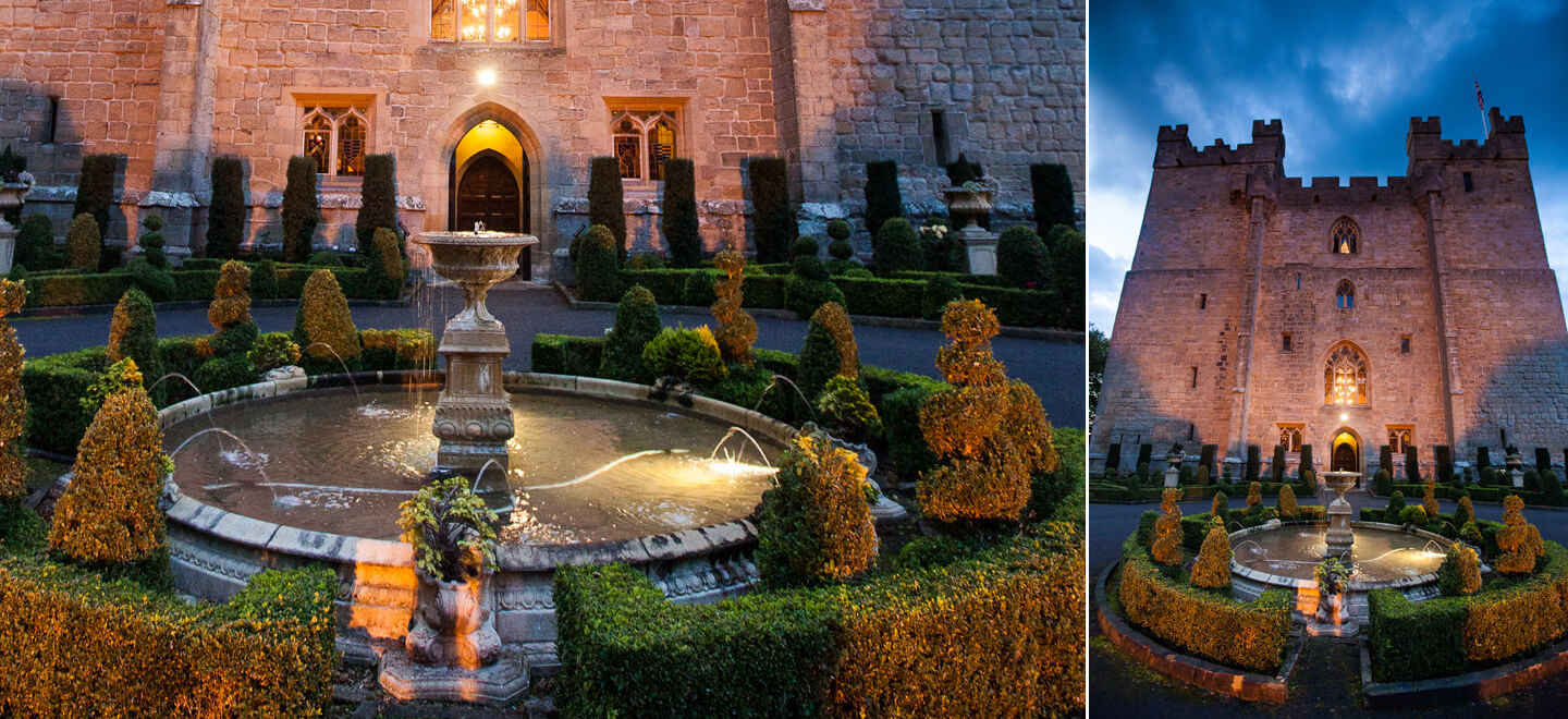 Exterior and fountain feature at Night Langley Castle Wedding Northumbria UK via the Gay Wedding Guide 9