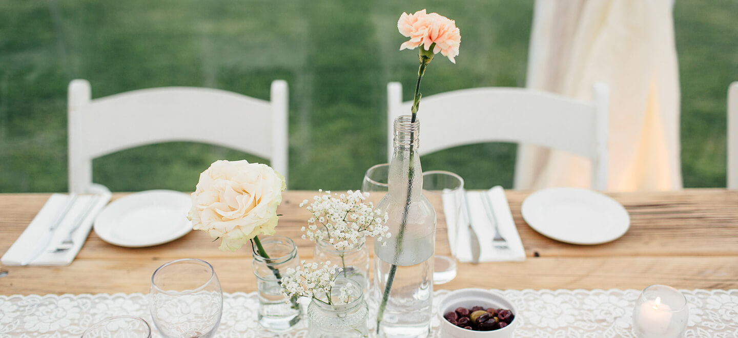Flower Vases At Wedding Breakfast At Kilminorth Cottages Diy Wedding Venue Cornwall Gay Wedding Guide 9