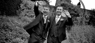 Gay Grooms Walking In Garden Image By Tony Hall Gay Wedding Photographer Derby 6 380X174
