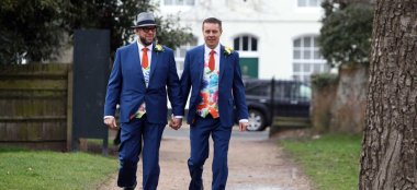 Gay Grooms Approach The Kings Arms Dorset Wedding Venue Gay Wedding Guide 9 380X174