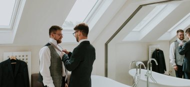 Gay Grooms Prep For Wedding At High Leases Diy Wedding Venue Yorkshire Gay Wedding Guide 1 9 380X174