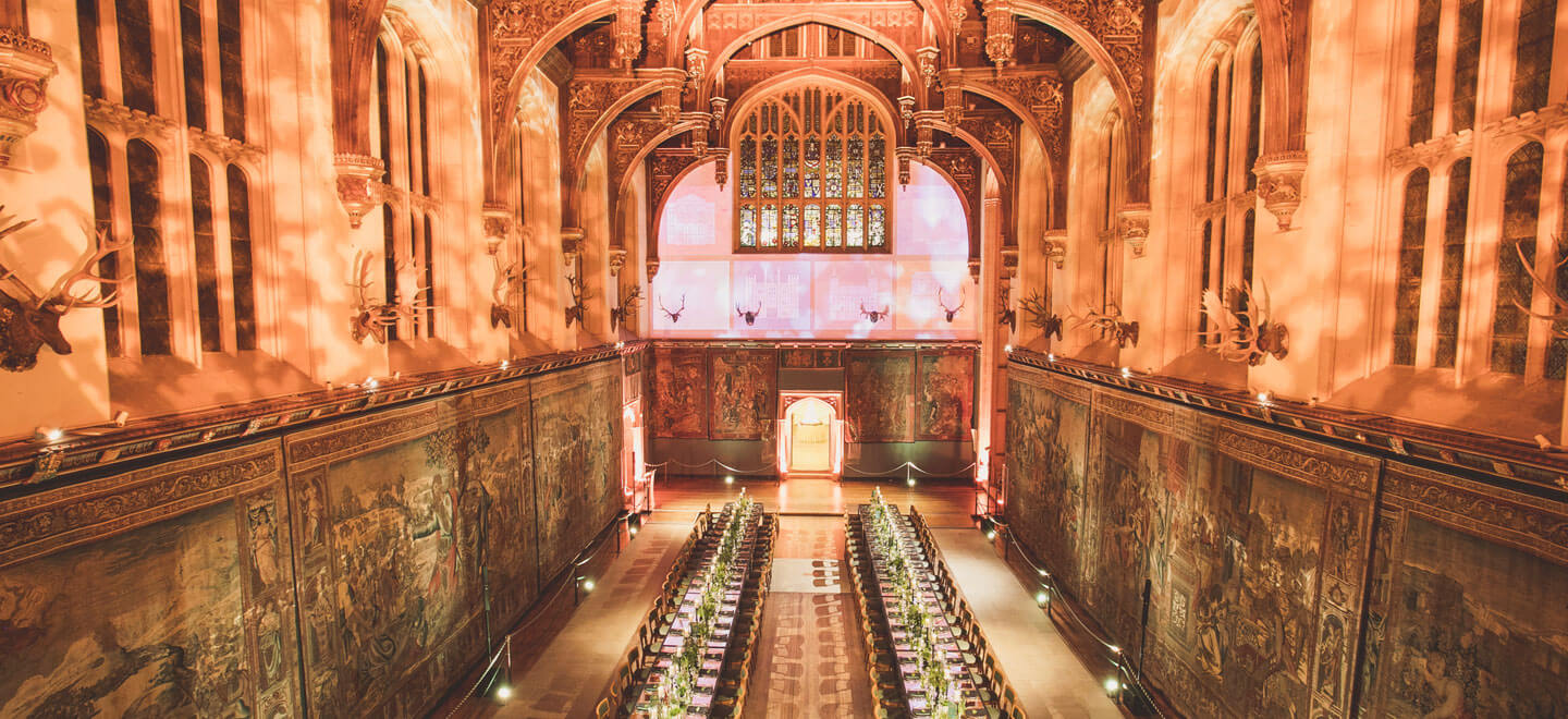 Great Hall set up for wedding at Hampton Court Palace unique royal wedding venue surrey gay palace wedding guide 9