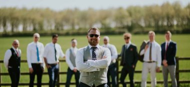 Groom And Best Man Outside Stratton Court Barn Wedding Venue Oxford Gay Wedding Guide 9 380X174