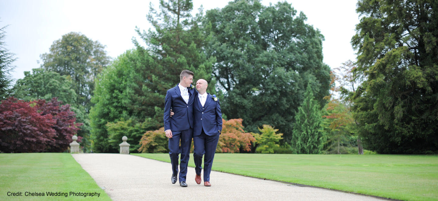 Grooms at Wakehurst a gay wedding venue West Sussex via The Gay Wedding Guide 9