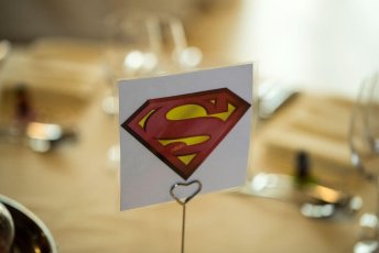 Guy And Marks Superman Table Sign At Their Gay Wedding Gaynes Park Essex Barn Wedding Venue Image Copyright Steve Hobart Photography 1 5 344X230