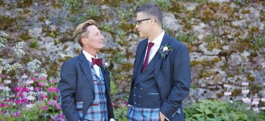 Hemmingway Tailors Tartan Suits For Gay Grooms Wedding Attire Via Gay Wedding Guide 6 380X174