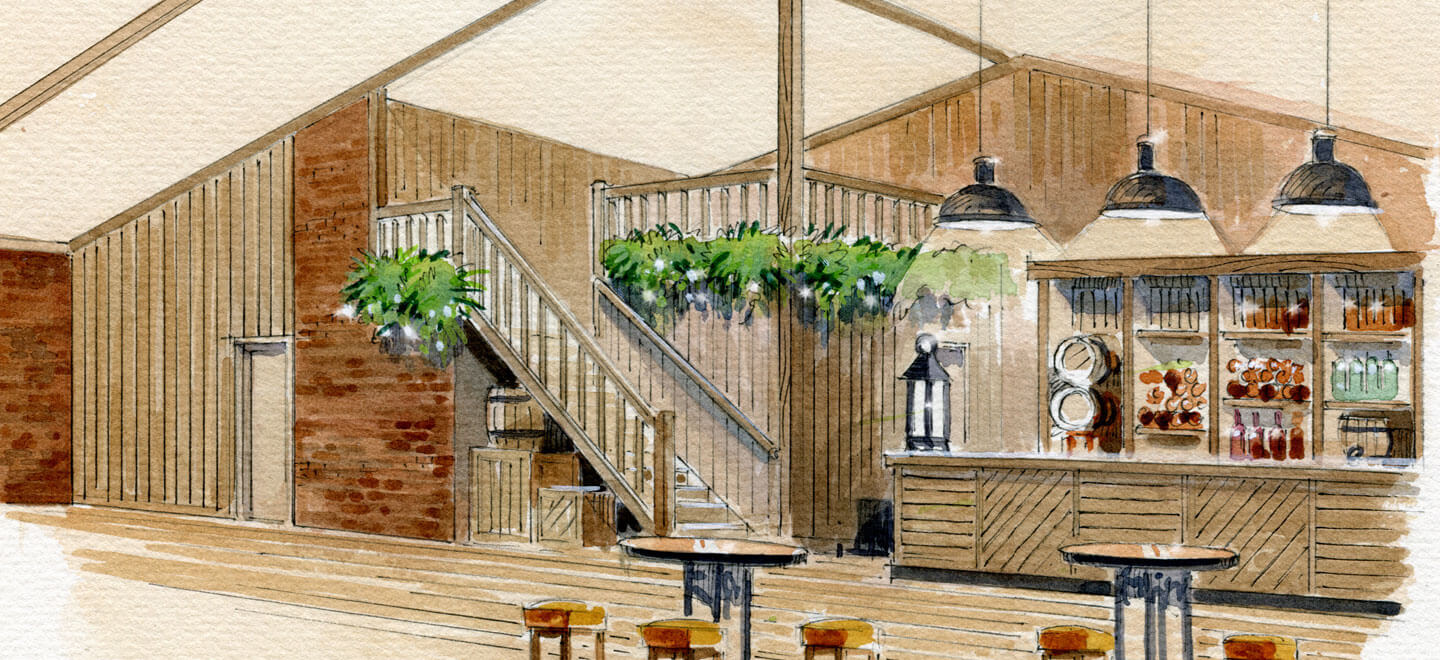Illustration of the bar at Woodstock Weddings and Events a barn wedding venue in York via the Gay Wedding Guide 9