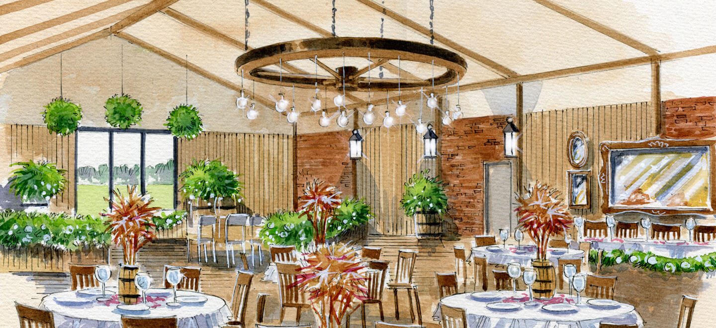 Illustration of the interior of Woodstock Weddings and Events a barn wedding venue in York via the Gay Wedding Guide 9