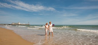 Lesbian Beach Wedding Bournemouth Couple Walk Along The Shore Via Gay Wedding Guide 9 380X174