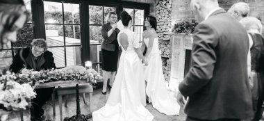 Lesbian Brides Wearing Wedding Dress By Lisa Lyons Bridal Lesbian Weddings Gay Wedding Guide 6 380X174