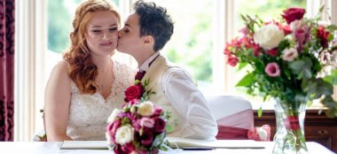 Lesbian Kiss At Wedding At Kenwood Hall Hotel Sheffield Wedding Venue Yorkshire Gay Wedding Guide 9 380X174