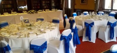 Library With Blue Chair Sashes At The Quorn Country Hotel Leicestershire Wedding Venue Quorn Via The Gay Wedding Guide 9 380X174