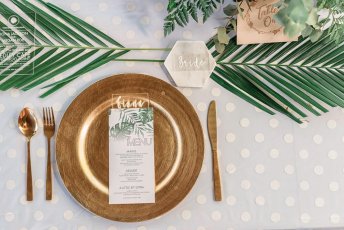 Megan And Fiona Gold And Banana Leaf Place Setting At Their Lesbian Wedding Australia Shoot Via Brisbane City Celebrants Elysia And The Gay Wedding Guide 8 344X230