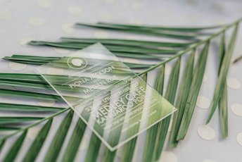 Megan And Fiona Perspex Invitation On Banana Leaf At Their Lesbian Wedding Australia Shoot Via Brisbane City Celebrants Elysia And The Gay Wedding Guide 8 344X230