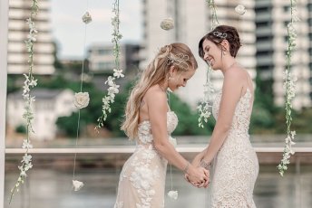 Megan And Fiona Suspended Flower Arch At Their Lesbian Wedding Australia Shoot Via Brisbane City Celebrants Elysia And The Gay Wedding Guide 8 344X230
