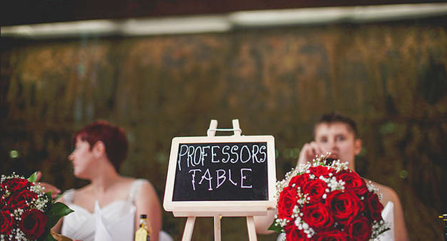Professors Table sign at Harry Potter theme wedding shot by Ragdoll Photography via The Gay Wedding Guide 4 5