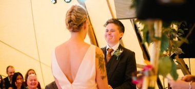 Saying Vows At Jamie And Jessica Lesbian Wedding Photograph By Lea Attentive Via Gay Wedding Guide 6 380X174