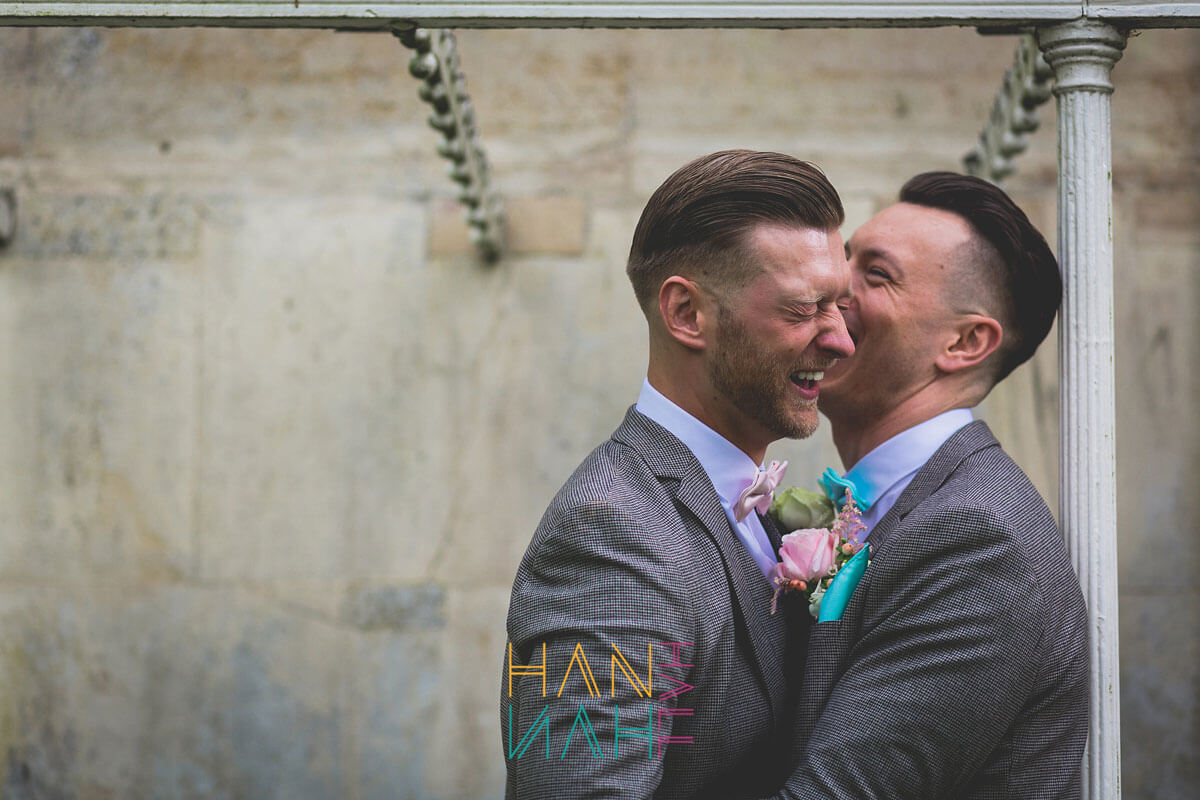 Scott and Guy laughing at their real gay wedding image copyright Hannah Hall Photography via The Gay Wedding Guide 3 5