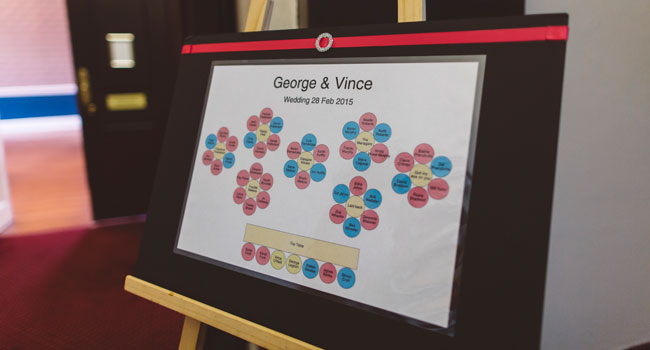 Seating plan for Vince and Georges gay wedding Easthampstead Park Berkshire featured on the gay wedding guide 3 5