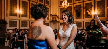 Stacey And Claire Say Vows At Their Lesbian Wedding At Drumtochty Castle Wedding Venue Scotland Image By Burfly Photography 9 380X174