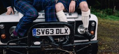 Trevor And Adam Sit On Landrover At Their Gay Wedding At Drumtochty Castle Wedding Venue Scotland Image By Harper Scott Photography 9 380X174