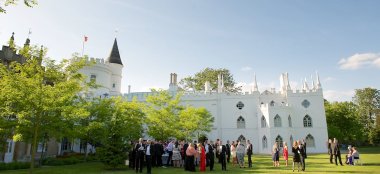Wedding Guests Mingle Outside Unique Wedding Venue Strawberry Hill House Via Gay Wedding Guide 9 380X174