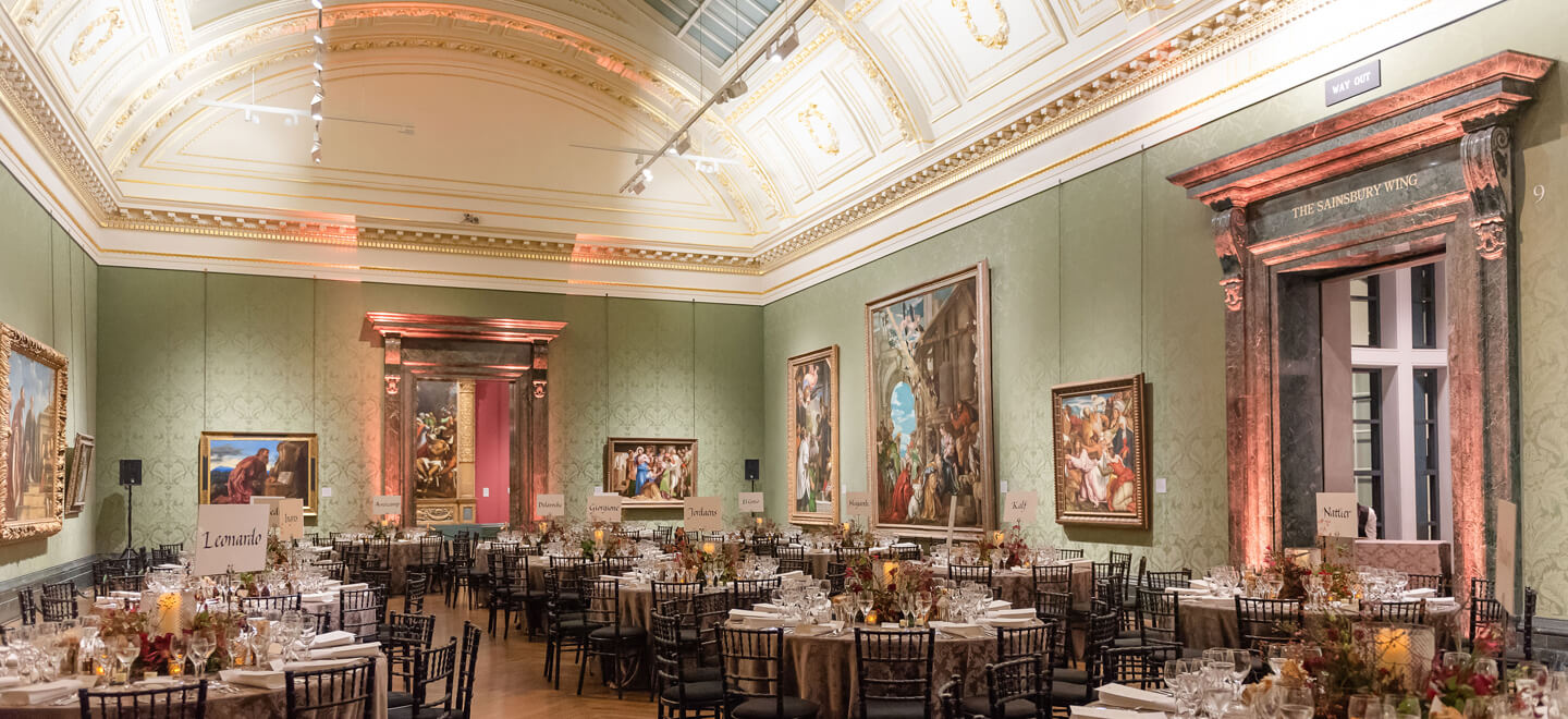 Wedding breakfast layout at the National Gallery wedding venue central London gay wedding Guide 9