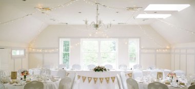 Wedding Breakfast Layout With Bunting At The Kings Arms Dorset Wedding Venue Gay Wedding Guide 9 380X174