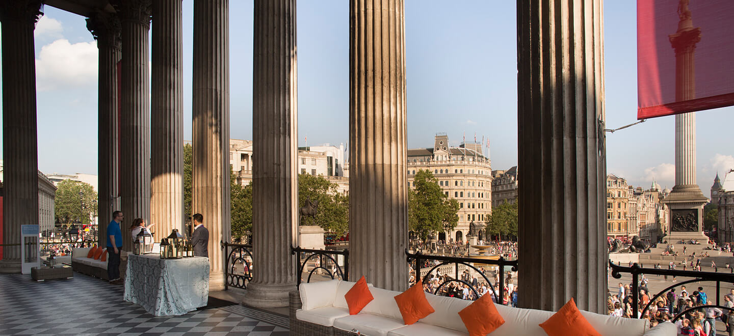 Wedding reception terrace overlooking Nelsons Column at the National Gallery wedding venue central London gay wedding Guide 9