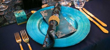Blue And Gold Table Styling At Peackock Themed Wedding Styled By Gay Wedding Planner Shiraz Events Via The Gay Wedding Guide 6 380X174