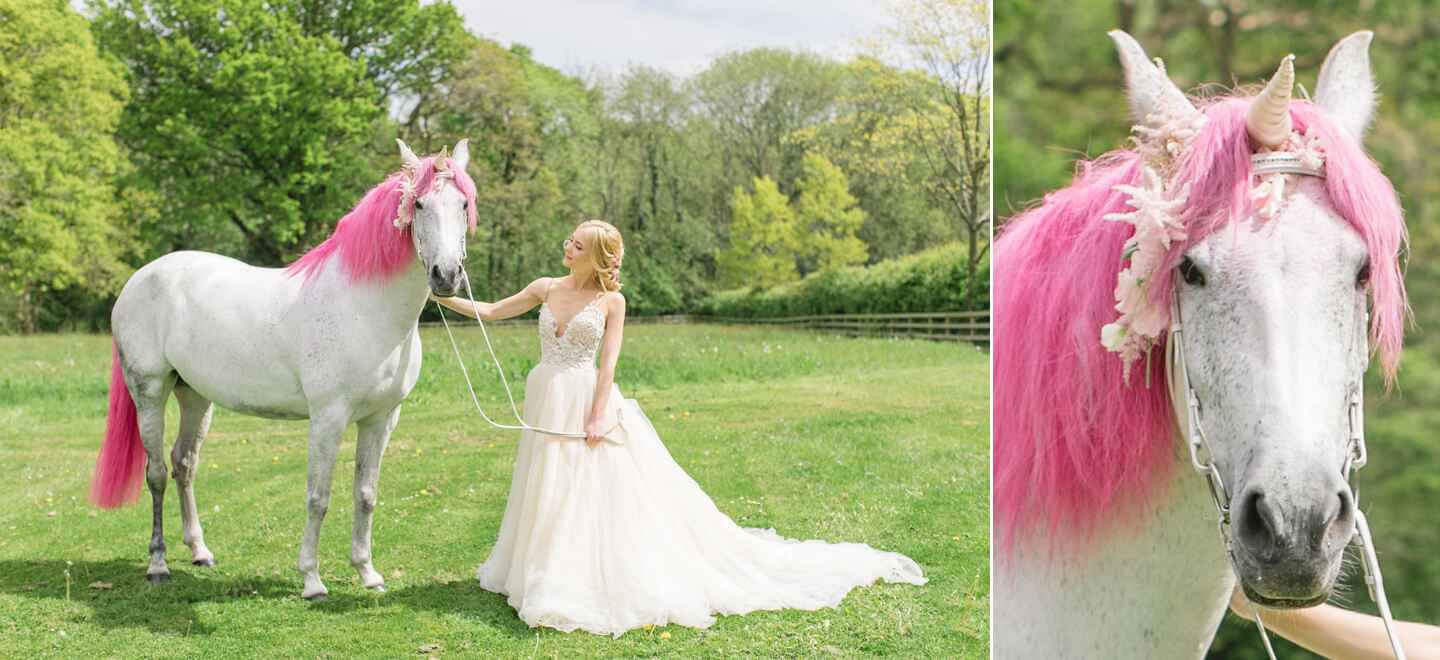 bride with unicorn horse at unicorn wedding image roberta facchini photography wedding planner la fete Gay Wedding Guide 6