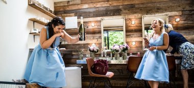 Bridesmaids Laugh At Tythe Barn Wedding Venue Oxfordshire Via The Gay Wedding Guide 9 380X174